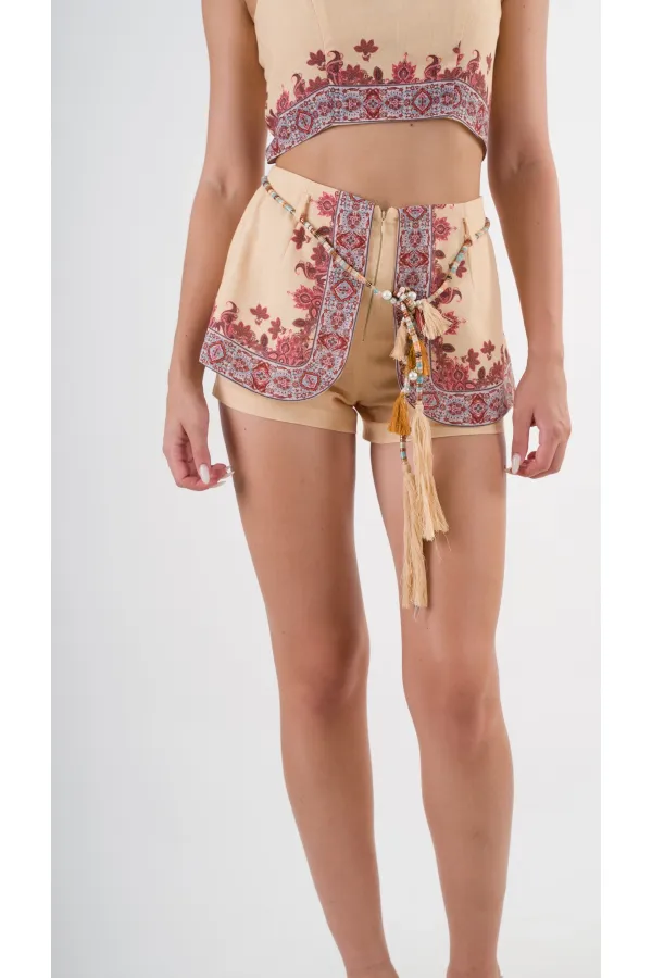 Kadın Sarı Etnik Desenli Beli Kuşaklı Bluz Şort İkili Takım HZL24S-YY261