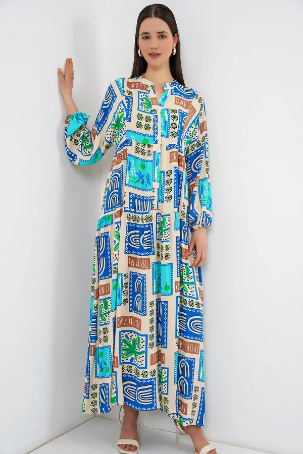 Women's Patterned Long Hijab Dress 2585 - A. Turquoise