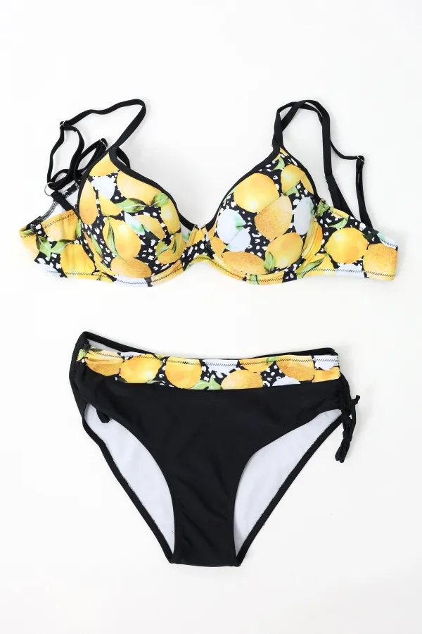 Kadın Sarı Siyah Limon Desenli İp Askılı Yüksek Bel Bikini Takım HZL24S-LC3348