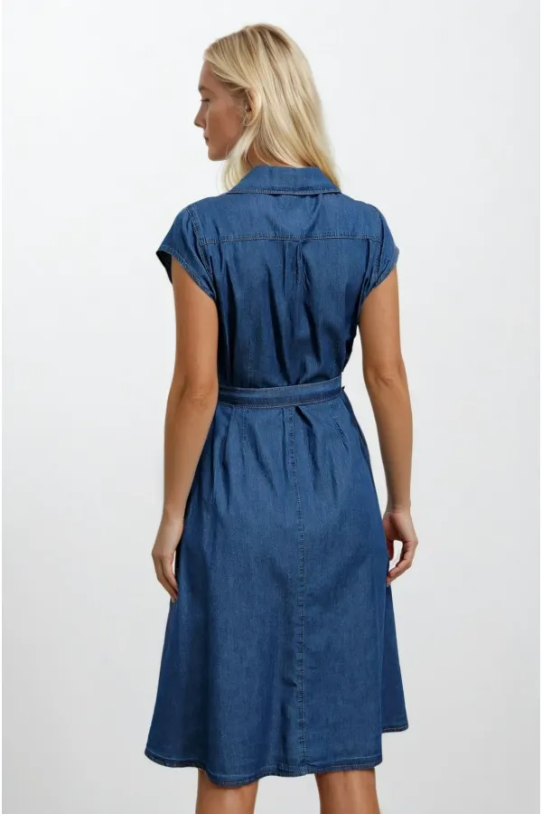 Kadın Denim Kısa Kollu Boydan Düğmeli Beli Kuşaklı Kot Gömlek Elbise Hzl22s-bd121761