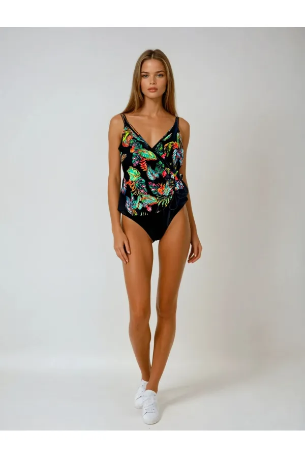 Women's Black Feather Pattern V-Neck Side Sash Swimsuit HZL25S-LC4007