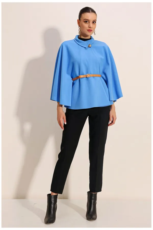 Poncho en cachemire bleu pour femme, col Judge, ceinture détaillée HZL24W-BD191341