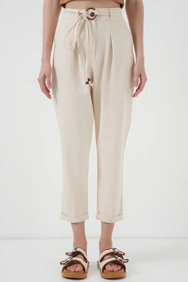 Pantalon en lin ceinturé 6660 - Crème