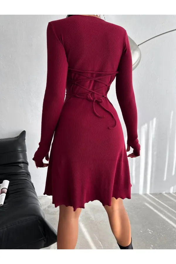 Kadın Bordo V Yaka Yandan İp Bağlamalı Kaşkorse  Elbise HZL24W-FRY121751