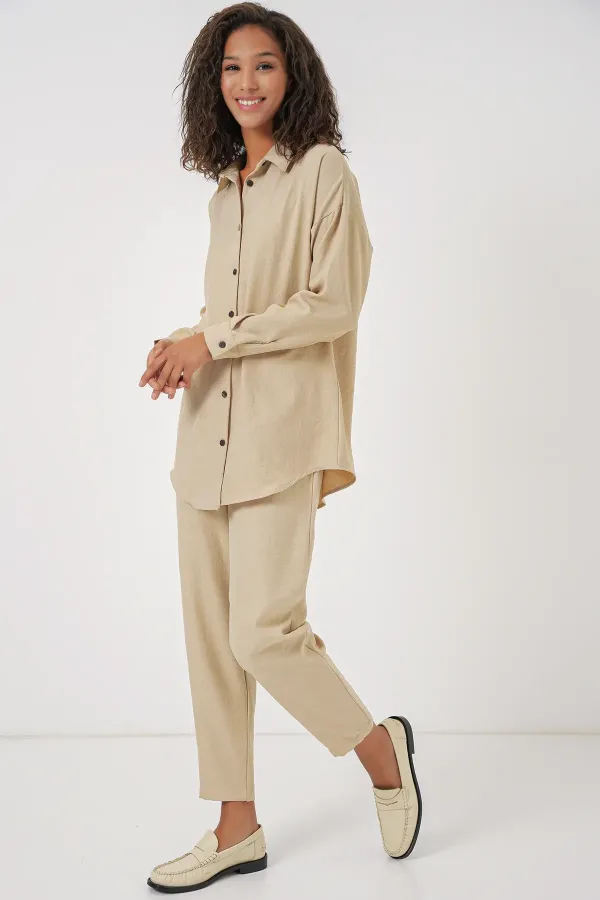 Ensemble beige oversize en lin pour femme, haut et bas, réf. 6622