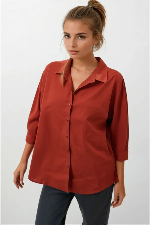 Kadın Kiremit Oversize Uzun Basic Gömlek HZL22W-BD139001