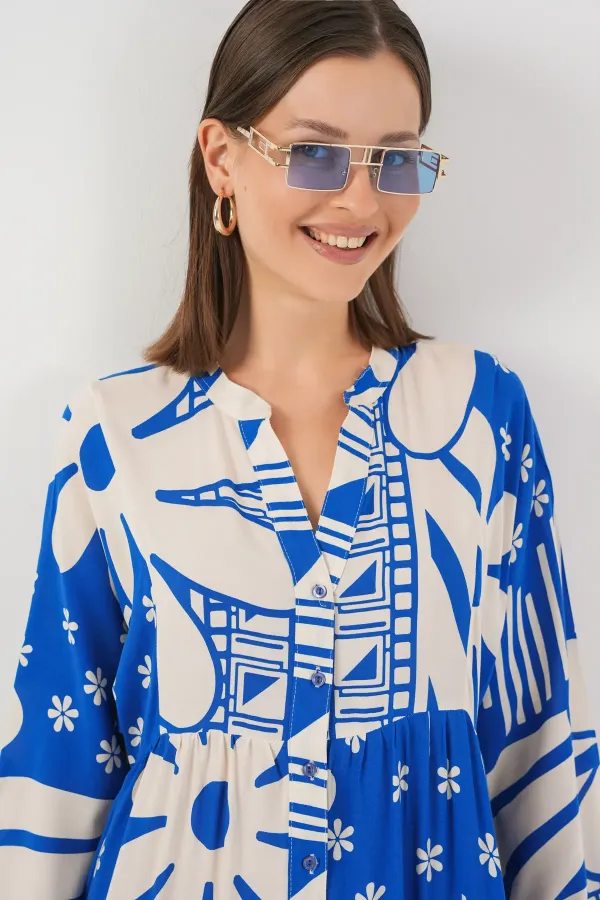 Kadın Desenli Uzun Tesettür Elbise 2585 - Mavi