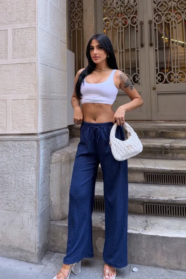 Kadın Lacivert Beli Lastikli Rahat Kesim Bürümcük Pantolon HZL25S-DSB163631