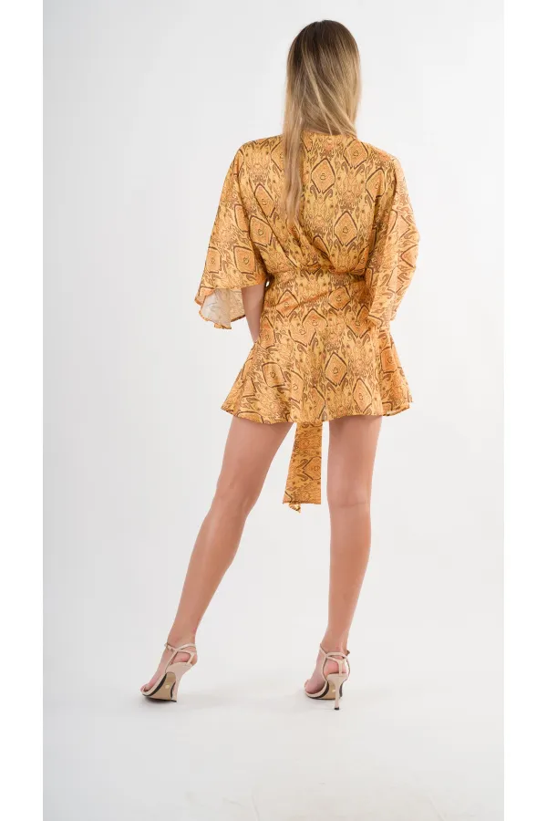 Kadın Hardal Desenli Saten Yüzeyli V Yaka Halka Detaylı Kuşaklı Mini Elbise HZL24S-YY230