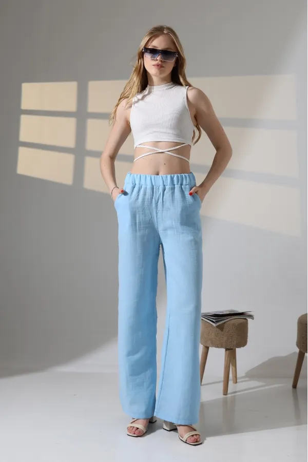Kadın Mavi Beli Lastikli Müslin Kumaş Bol Paça Pantolon HZL25S-DSB12221