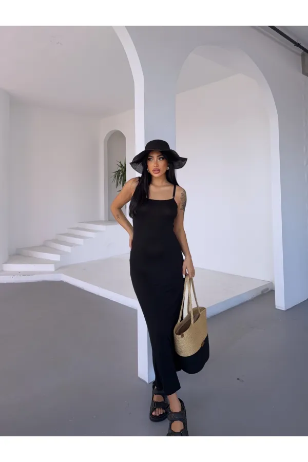 Kadın Siyah Ayarlanabilir Askılı Midi Boy Elbise HZL25S-FRY122921