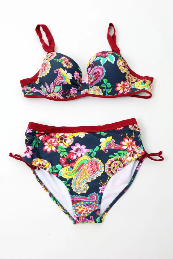 Kadın Lacivert Bordo Çiçek Desenli Yüksek Bel Toparlayıcı Bikini Takım HZL24S-LC3321