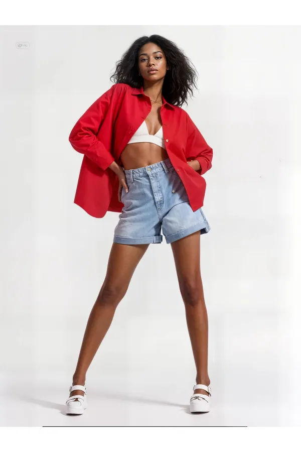 Kadın Kırmızı Oversize Uzun Basic Gömlek  HZL22W-BD139001
