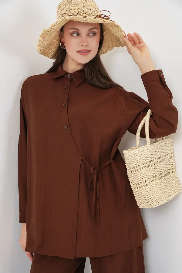 Ensemble deux pièces tunique et pantalon à lacets pour femme 6752 - Marron