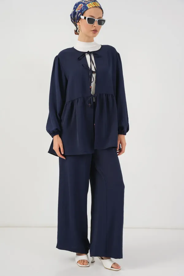 Ensemble deux pièces tunique et pantalon à lacets pour femme 6744 - Bleu marine