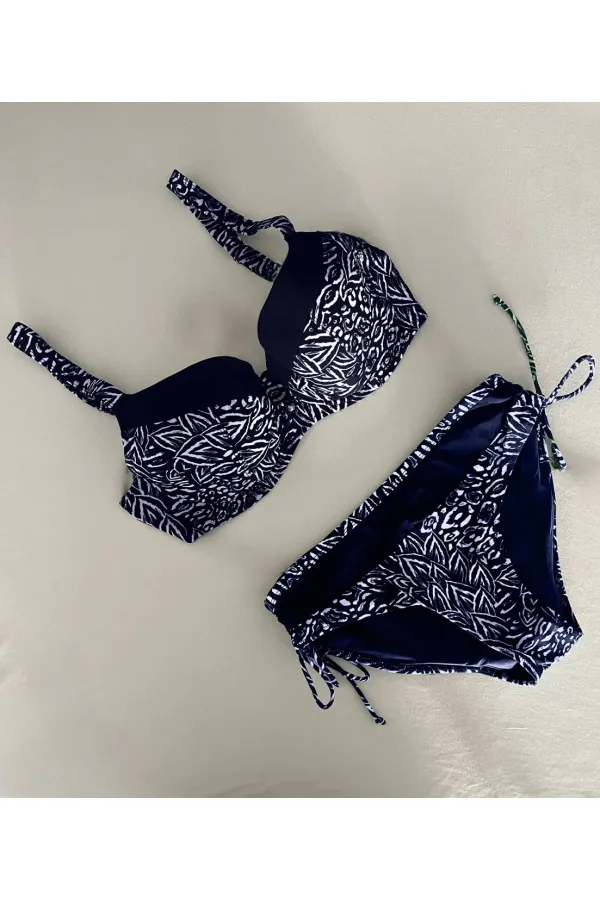 Ensemble bikini doublé grande taille bleu marine et blanc à motifs pour femme HZL25S-LC4006