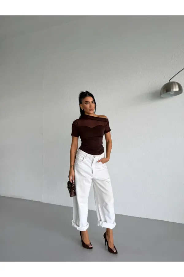 Kadın Kahverengi Tek Omuz Transparan Tül Detaylı Şık Sandy Bluz HZL26S-FRY123871