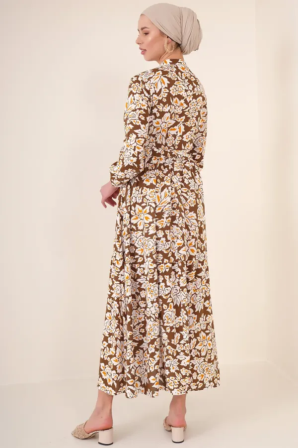 2144 Hakim Yaka Tesettür Elbise - Kahverengi