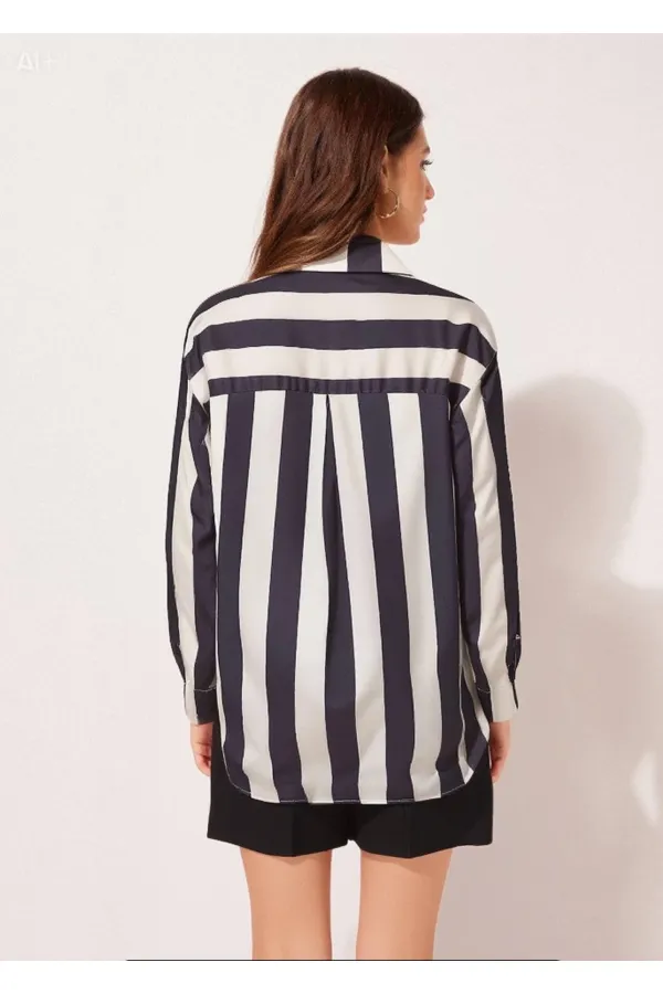 Kadın Siyah Krem Çizgili Saten Gömlek HZL23S-BD1201731