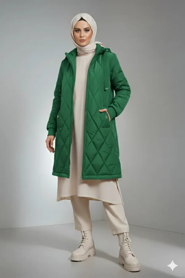 Manteau hijab long matelassé vert émeraude pour femme HZL25W-BD151381