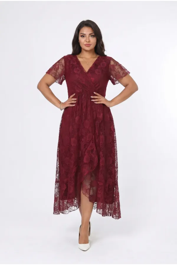 Kadın Bordo Büyük Beden V Yaka Astarlı Dantel Detaylı Şık Abiye Elbise HZL26S-PR11071