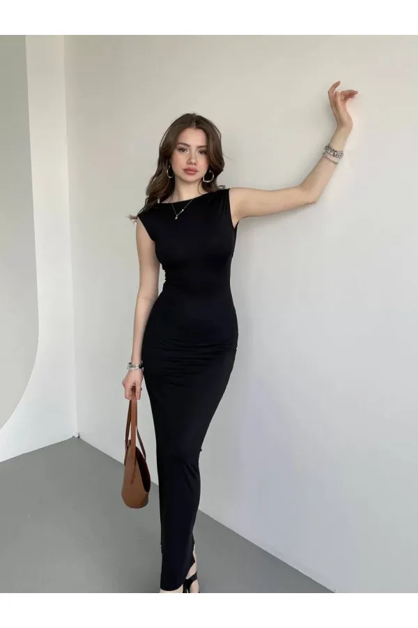 Kadın Siyah Sırt Dekolteli Yumuşak Dokulu Elbise HZL25S-ZK13321