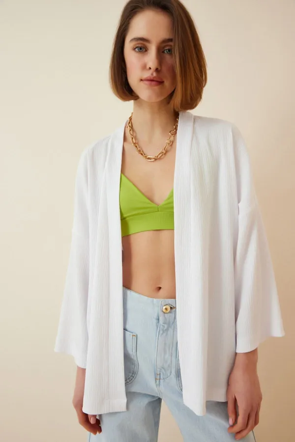 Veste de saison texturée blanche à col rabattu et ouverture sur le devant pour femme HZL22S-BD158621