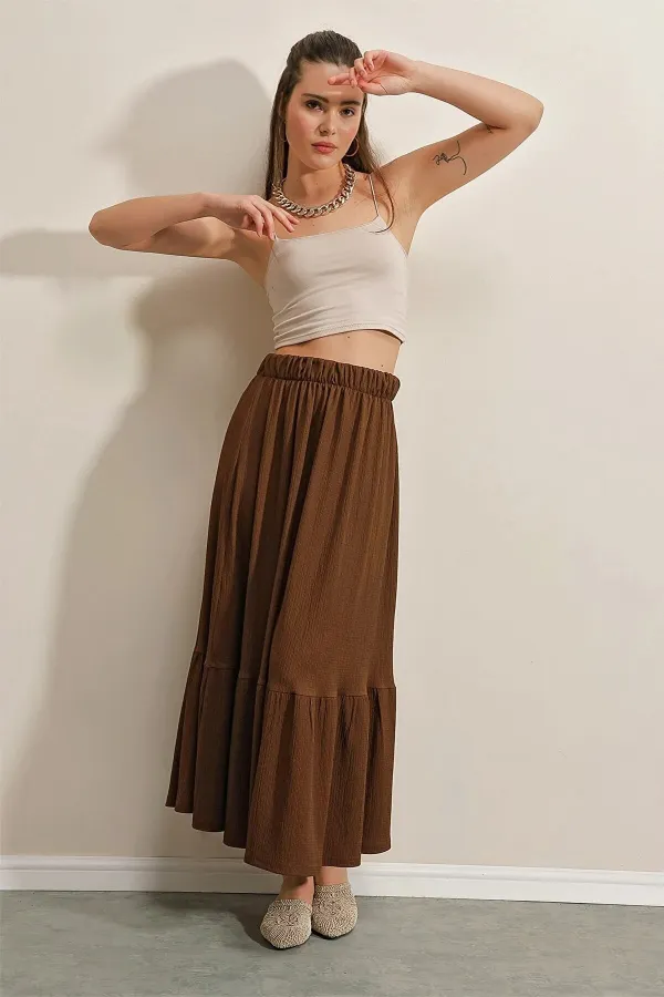 Women's Brown Elastic Waist Folded Long Skirt HZL23S-BD118861
