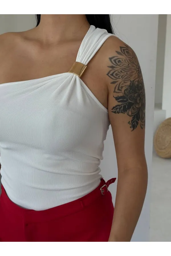 Women's White One Shoulder Gold Metal Detailed Blouse HZL25S-FRY123111