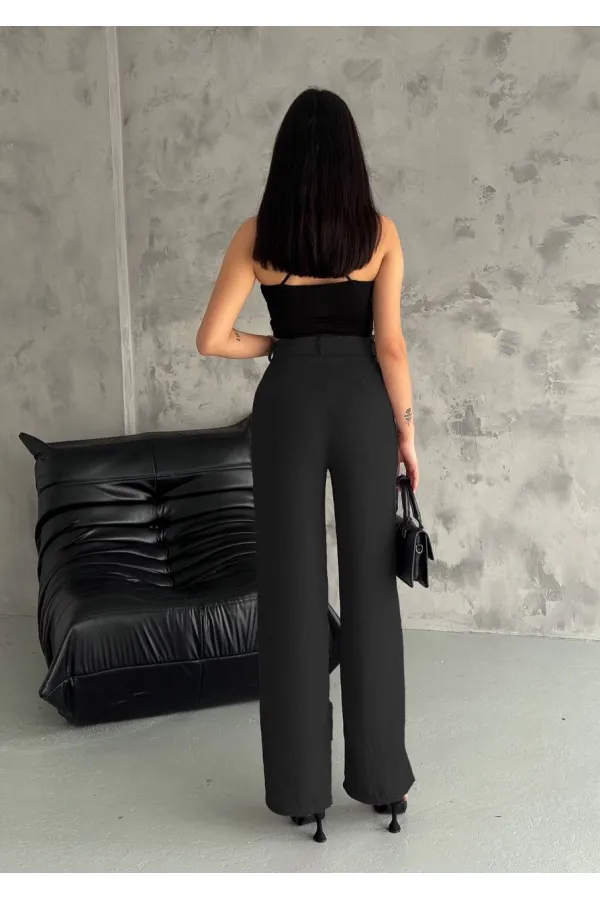 Kadın Siyah Yüksek Bel Bol Paça Cepli İthal Keten Pantolon HZL24S-FRY121821