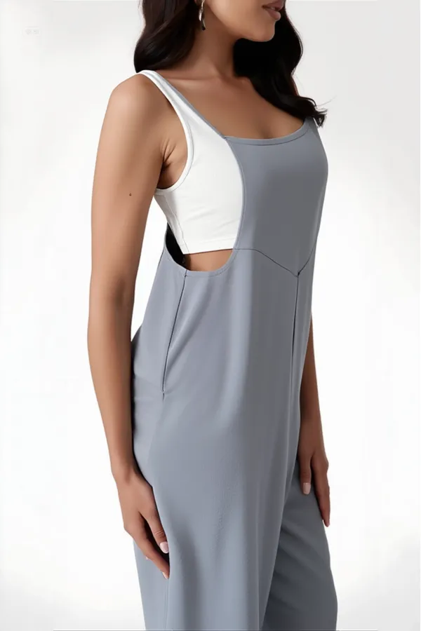 Women's Gray Adjustable Straps Pocket Wide Leg Gardener Overalls HZL22S-BD170191