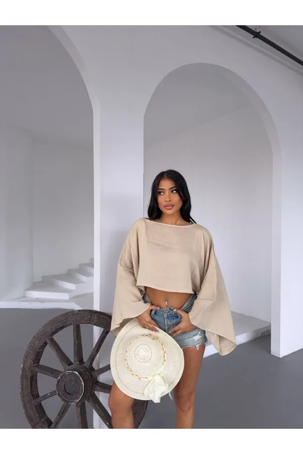Kadın Bej Panço Model Müslin Bluz HZL25S-DSB16161