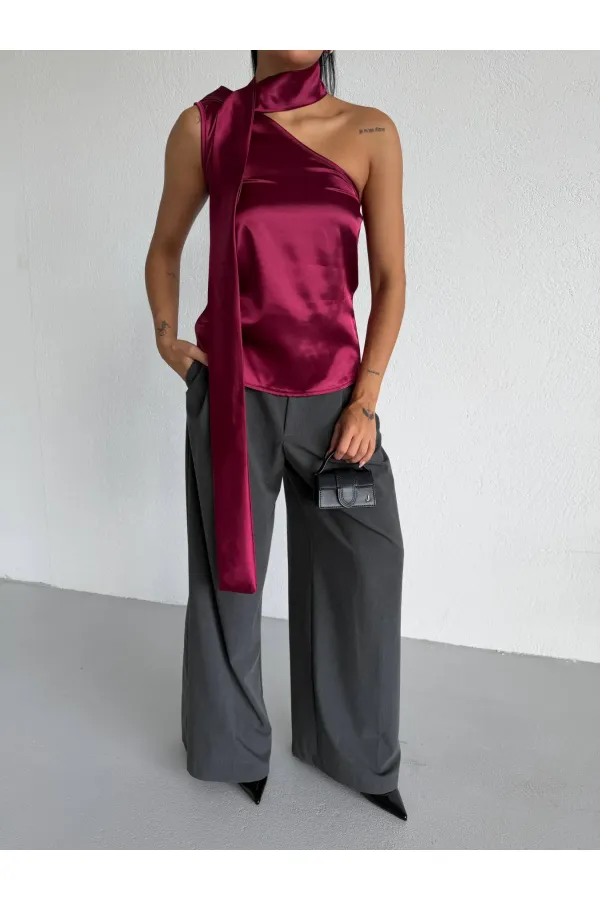 Women's Burgundy Satin Shawl Collar Asymmetrical Blouse with Tie Neckline HZL26W-FRY123731