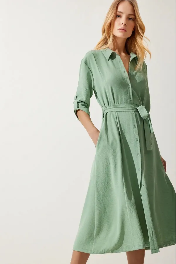 Kadın Çağla Yeşil Gizli Cepli Kuşaklı Viskon Gömlek Elbise HZL24S-BD124421