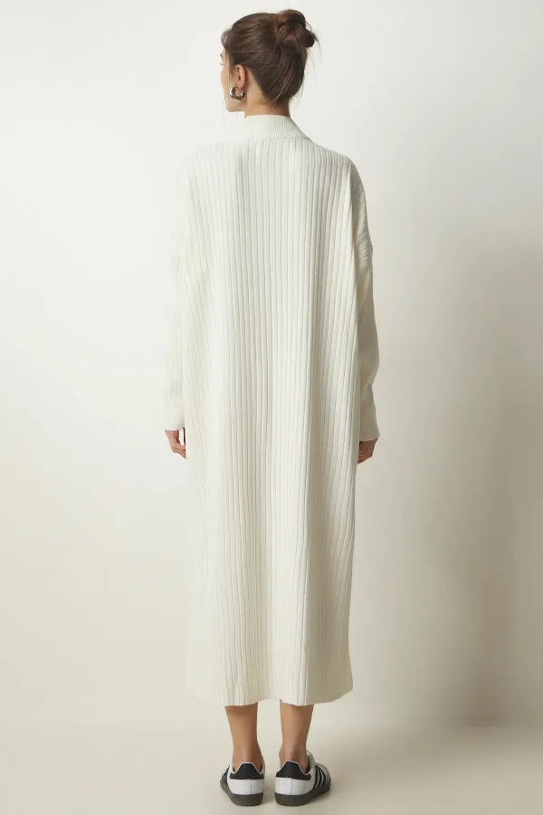 Robe midi en maille côtelée à col zippé, coupe ample, couleur blanc cassé, pour femme HZL24W-BD1101831