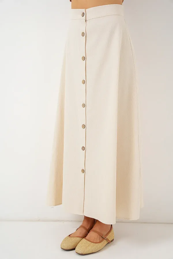 Jupe longue boutonnée en lin pour femme 8046 - Crème