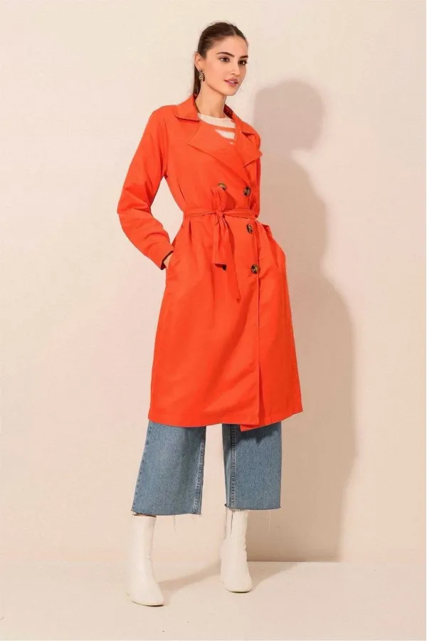 Women's Orange Double-Breasted Belted Unlined Seasonal Comfortable Trench Coat Hzl22s-bd158531