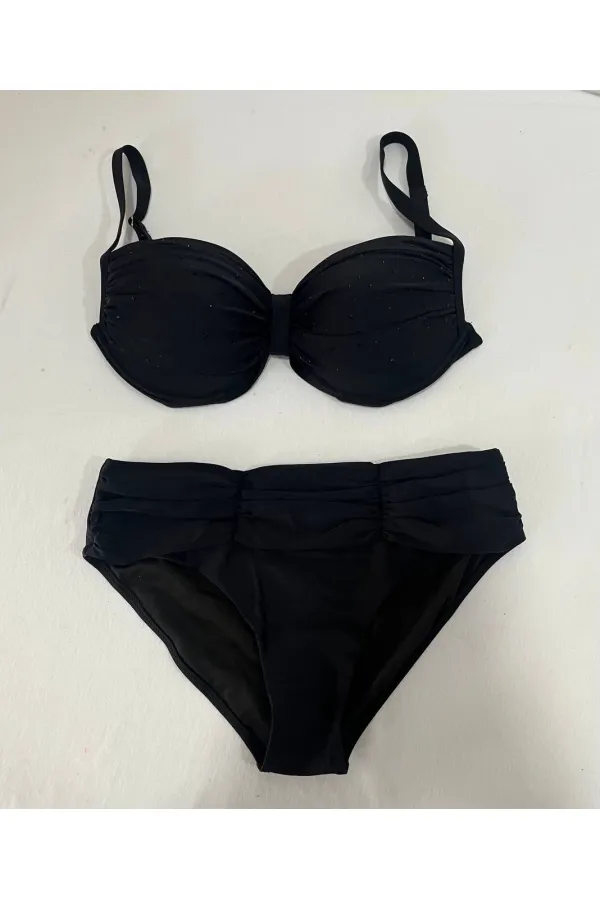 Kadın Siyah Taş İşlemeli Astarlı Büyük Beden Bikini Takımı HZL25S-LC01