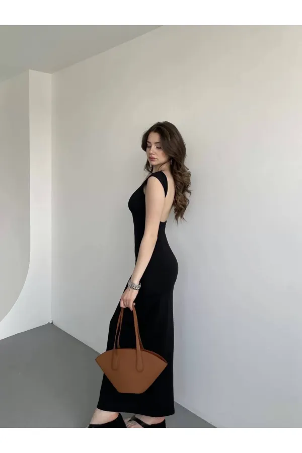 Kadın Siyah Sırt Dekolteli Yumuşak Dokulu Elbise HZL25S-ZK13321