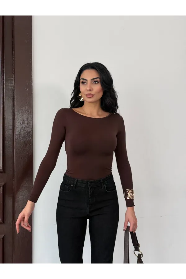 Kadın Kahverengi Sırtı Açık Fiyonk Bağlamalı Uzun Kol Bluz HZL25W-FRY123661