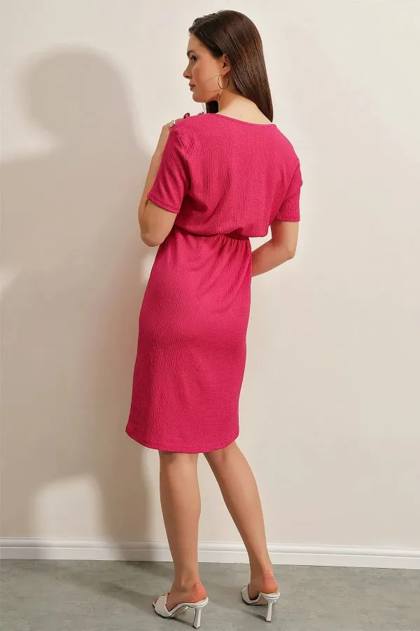 Women's Fuchsia Elastic Waist Button Detailed Casual Knit Dress HZL22S-BD123751