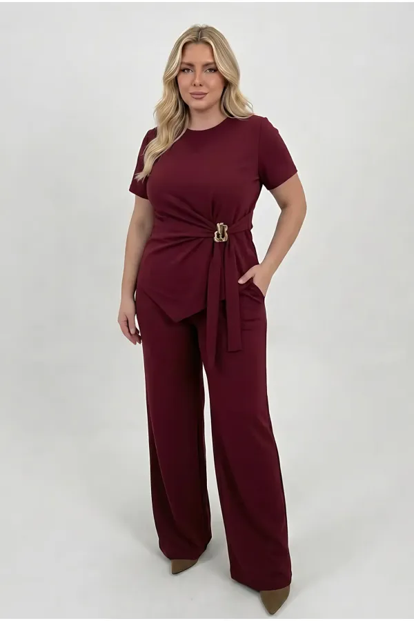 Women's Burgundy Plus Size Modal Fabric Top and Bottom Set with Gold Buckle Detail HZL26S-ZSS111291 Women's Burgundy Plus Size Modal Fabric Top and Bottom Set with Gold Buckle Detail HZL26S-ZSS111291