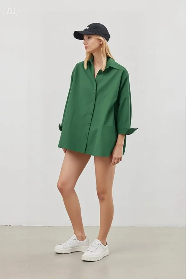 Kadın Zümrüt Yeşili Oversize Uzun Basic Gömlek HZL22W-BD139001