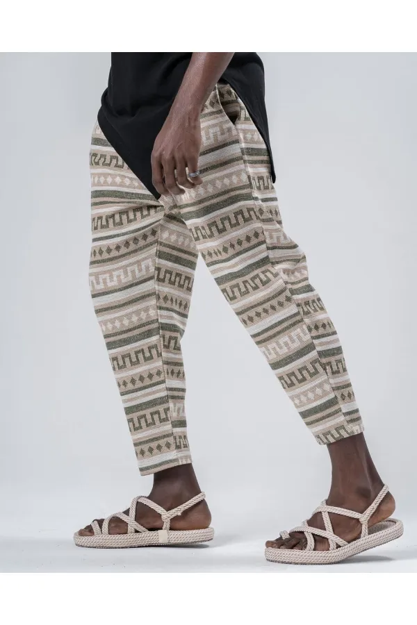 Men's Biscuit Khaki Patterned Tied Waist Straight Cut Trousers Sweatpants HZL24S-MXC8948-202