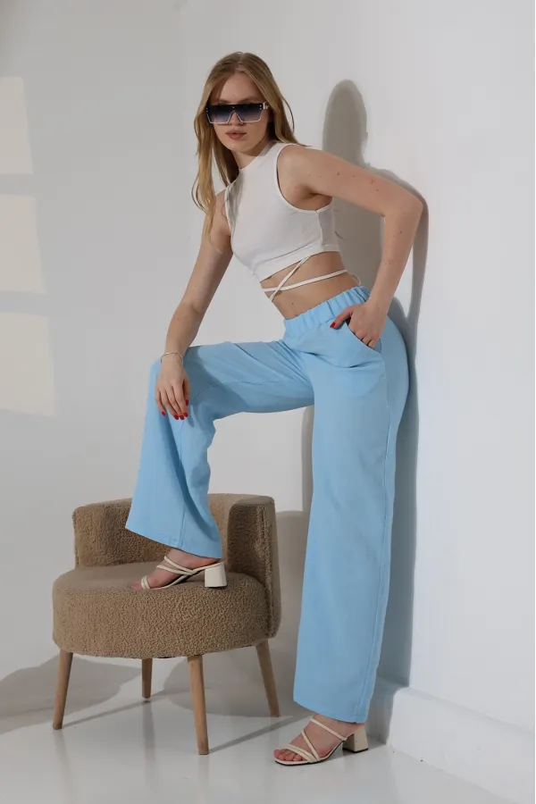 Kadın Mavi Beli Lastikli Müslin Kumaş Bol Paça Pantolon HZL25S-DSB12221