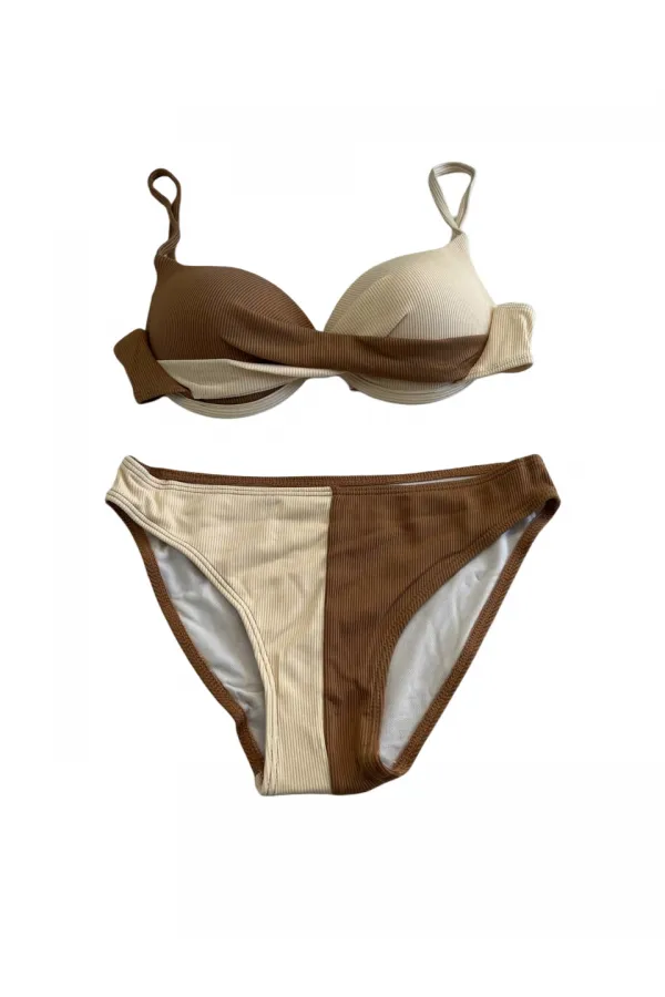 Women's Brown Cream Color Block Lined Bikini Set HZL25S-LC214