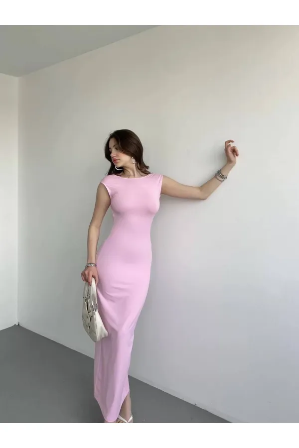 Kadın Pembe Sırt Dekolteli Yumuşak Dokulu Elbise HZL25S-ZK13321