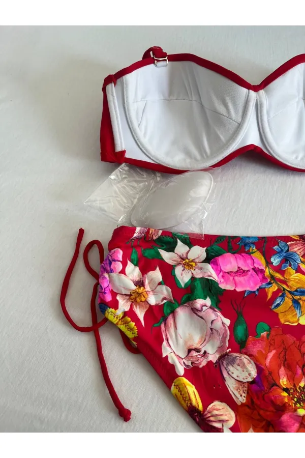 Women's Red Stone Embroidered Floral Patterned Bikini Set HZL25S-LC3368