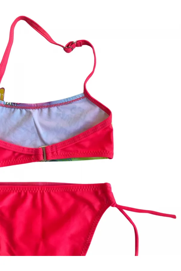 Kız Çocuk Neon Pembe Desenli  2-8 Yaş Straplez Bikini Takım HZL24S-LC3652