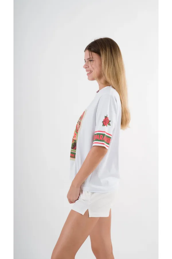 Kadın Beyaz Kırmızı Peponi Baskılı Bisiklet Yaka T-Shirt HZL24S-YY302